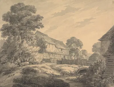 Farmhouse and Buildings by a Stream by Thomas Hearne — digital art print download