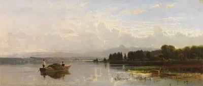 Heuboot bei der Überfahrt (wohl oberbayerischer See) by Richard Von Poschinger, 1880 — digital art print download