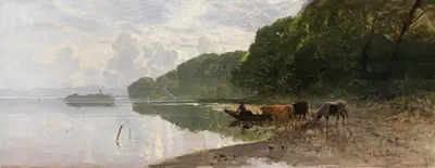 Uferlandschaft am Starnberger See mit weidenden Kühen by Richard Von Poschinger, 1880 — digital art print download