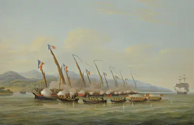 The Boats Of H.M.S Sloop Procris (10 Guns) Engaging French Gunboats Off The Mouth Of The Indramayo, Java by William John…