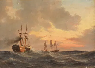Пароход и трехмачтовик на бурном море by Антон Мельбе, 1847 — digital art print download