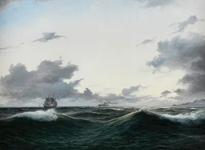 Парусник и пароход на море у берега by Антон Мельбе, 1844 — digital art print download