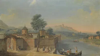 A Capriccio View Of A Walled Town With Elegant Figures On The River by Francesco Battaglioli — digital art print download