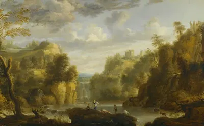 Mountain Landscape With A Waterfall And A Capriccio View Of The Forums And Temple Of Vesta At Tivoli by Gillis Peeters the…