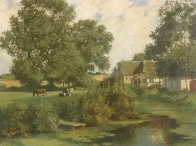 Norddeutsche Landschaft mit Kühen und reetgedeckten Häusern by Hermann Seeger, 1920 — digital art print download