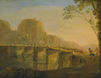 Landscape With Shepherds And Their Flock Crossing The Ponte Acquoria Near Tivoli by Jan Asselijn — digital art print download