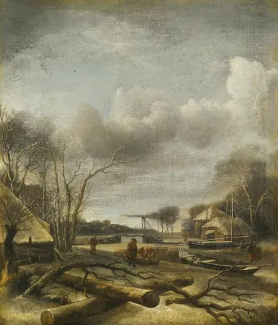 Winter Landscape With A Man Fixing A Sled At The Edge Of A Frozen River by Jan van de Cappelle — digital art print download