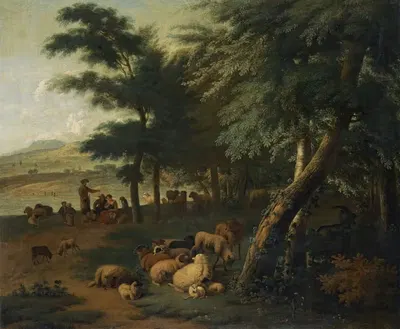 Shepherds Resting With Their Flock At The Edge Of A Wood by Jan van der Meer the Younger — digital art print download