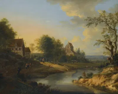 A River Landscape With Figures On The Bank And Sheep Grazing by Johann Christian Vollerdt, 1754 — digital art print download