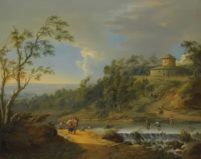 A River Landscape With Fishermen Dredging A Weir by Johann Christian Vollerdt, 1754 — digital art print download