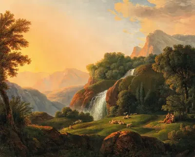 Пейзаж с водопадом и пастухом by Иоганн Непомук Шёдльбергер, 1811 — digital art print download