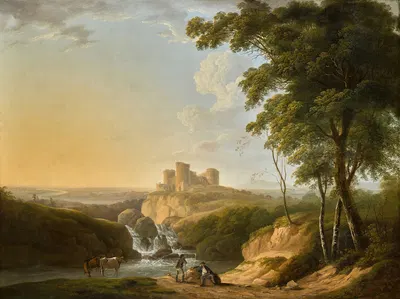 An extensive landscape with a view of Chepstow Castle on a hill beyond by John Inigo Richards, 1803 — digital art print…