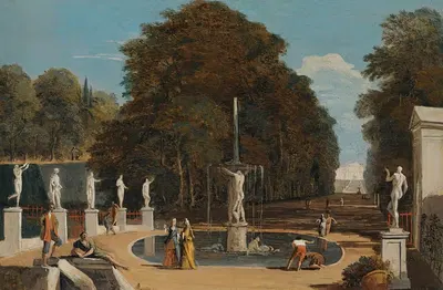 A Landscape With Figures Conversing In A Park Beside A Fountain by Marco Ricci — digital art print download