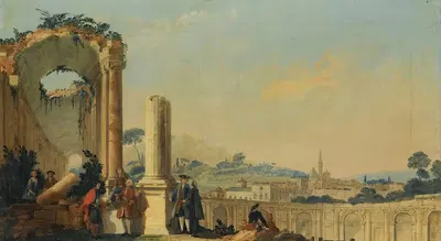 Elegant Figures Conversing Beneath Ruins, A Hill Town With A Tall Spire Beyond by The Pseudo Battaglioli — digital art…