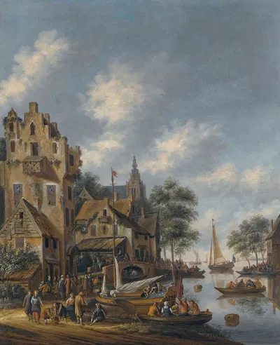 A Town On The Banks Of A River With Figures At The Waterside by Thomas Heeremans, 1686 — digital art print download