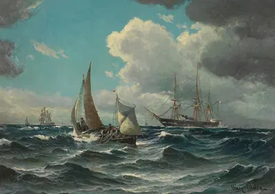 Рыболовное судно и парусник на бурном море by Вильгельм Билле, 1880 — digital art print download