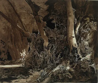 Forest landscape with flowing water and two hunters by Carl Blechen — digital art print download
