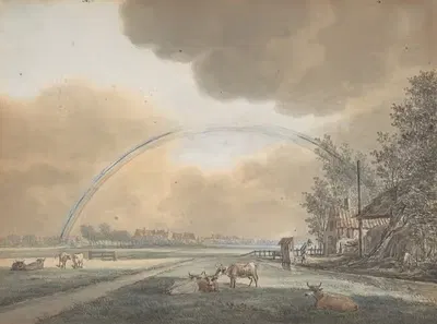 Landscape with a Rainbow over a Farmhouse and Distant Village by Vincent Jansz. van der Vinne — digital art print download