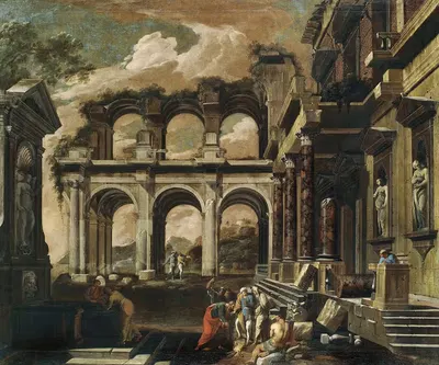A Capriccio Of The Internal Courtyard Of A Ruined Palace With The Miracle Of Saint Paul by Viviano Codazzi — digital art…