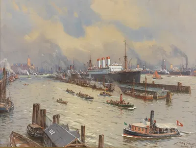 Hamburger Hafen mit der 'Cap Polonio' und der Kehrwiederspitze by Willy Stöwer, 1929 — digital art print download
