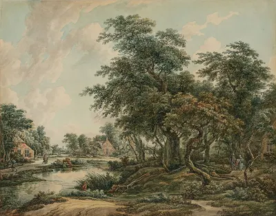 Paysage arboré avec figures et maisons au bord du rivage by Jacob van Strij, 1800 — digital art print download