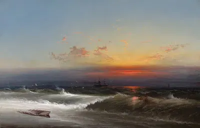 Evening on the Seashore (Sunset Breakers Philadelphia Harbor) by James Hamilton, 1864 — digital art print download