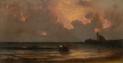 Закат у маяка Пойнт Джудит by Мартин Джонсон Хид, 1869 — digital art print download