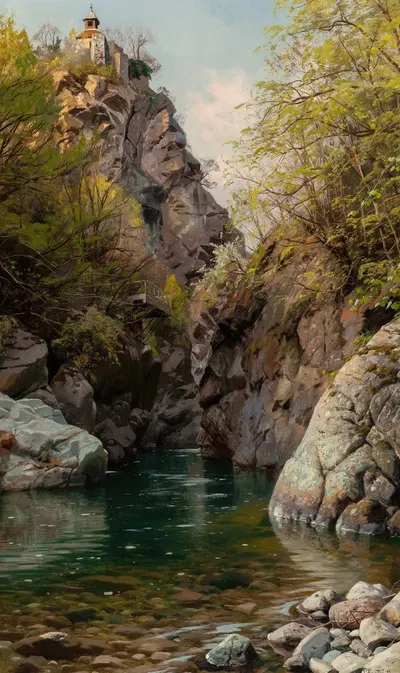 En bjerg slugt (The Mountain Gorge, Meran) by Peder Mørk Mønsted, 1913 — digital art print download