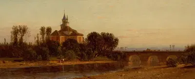 European River View with Bridge and Church by Samuel Colman — digital art print download