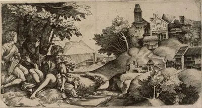 Concert by a brook by Giulio Campagnola, 1516 - 1517 — digital art print download