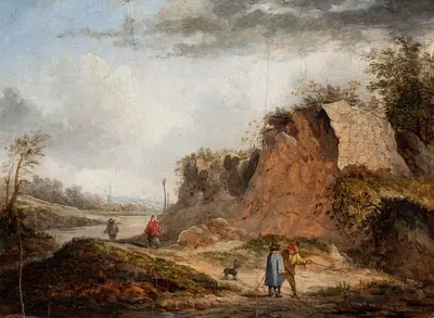 Rocky Landscape with Travelers on a Path and Two Figures Conversing in the Foreground by Thomas van Apshoven — digital art…