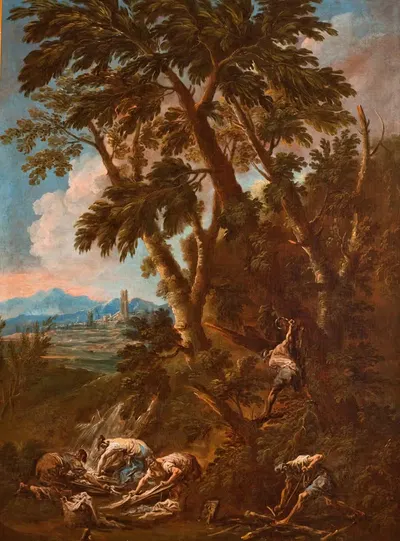 Женщины-стиральщицы и лесорубы by Алессандро Маньяско, 1712-1715 — digital art print download