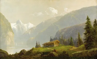 Альпийский пейзаж с горной хижиной by Германн Оттомар Герцог, 1872 — digital art print download