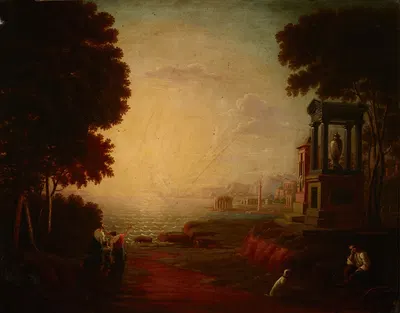 Пейзаж с морским заливом и древними зданиями by Ян Волаński, 1840 — digital art print download
