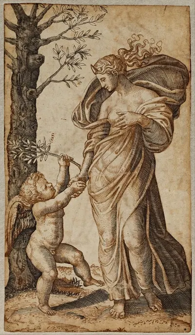 Reconciliation of Minerva and Cupid by Marcantonio Raimondi, 1500-1599 — digital art print download