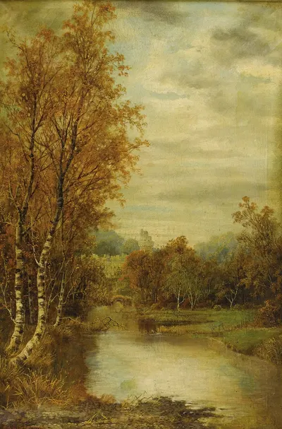 Осенний пейзаж с прудом и башней замка by Альфред Август Гленденинг, 1869 — digital art print download