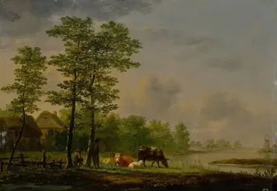 Пейзаж с фермерами, скотом и овцами у реки by Андрис Вермеулен, 1782 — digital art print download