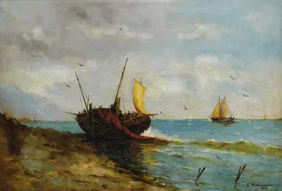 Coastal View with Boats Along the Shore by Carlo Brancaccio — digital art print download
