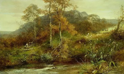 Осенний речной пейзаж, ручей by Дэвид Бейтс, 1889 — digital art print download