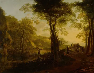 Italianate landscape at sunset, with travelers on a country road by Jan Both — digital art print download