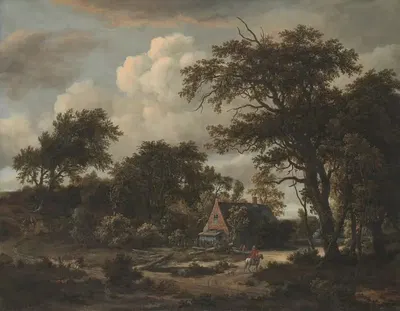 Wooded Landscape with Cottage and Horseman by Meindert Hobbema, 1663 — digital art print download