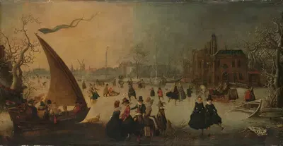 Пейзаж с замерзшим каналом, конькобежцы и ледяная лодка by Адам ван Брин, 1611 — digital art print download