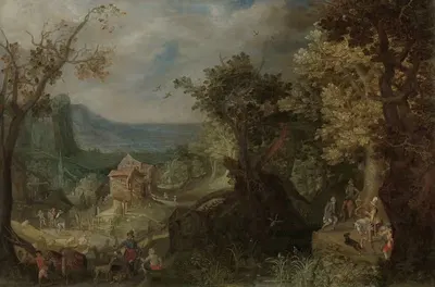 Охотник и всадники на лесной дороге с деревней в долине by Антон Миру, 1608 — digital art print download