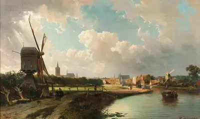 Вид на Гаагу с Делфтского канала в семнадцатом веке by Корнелис Спрингер, 1852 — digital art print download