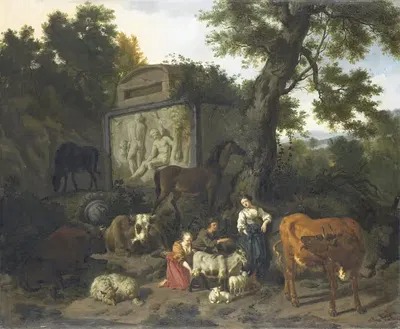 Пейзаж с пастухами и скотом у могилы by Дирк ван Берген, 1660 - 1690 — digital art print download