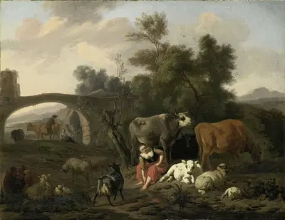 Пейзаж с пастухами и скотом by Дирк ван Берген, 1660 - 1690 — digital art print download