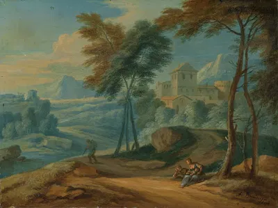 Лесистый итальянский пейзаж с фигурами by Франс Бодевейнс, c. 1750 — digital art print download