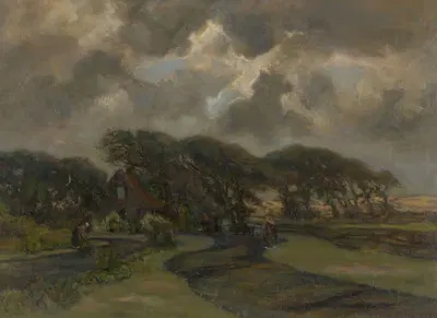 Домик у края дерева и женщины с рыболовными сетями by Франс Смиссерт, 1872 - 1944 — digital art print download