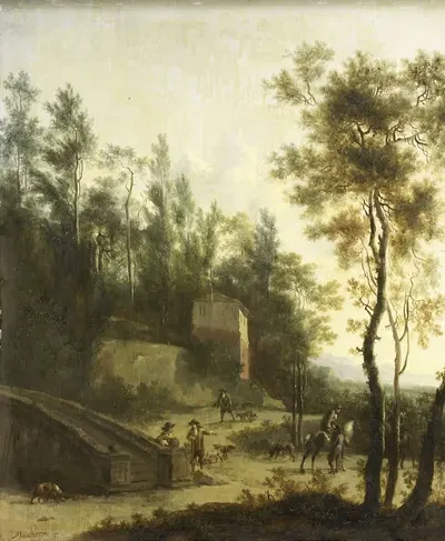 Итальянский пейзаж с охотниками by Фредерик де Мушерон, 1660 - 1686 — digital art print download
