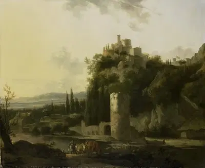 Italian landscape with round tower by Frederik de Moucheron, 1667 — digital art print download